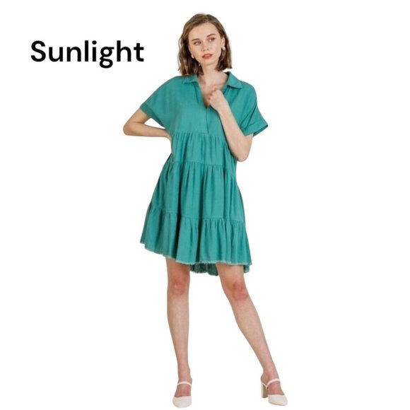 Umgee Womens Green Tiered Linen Blend Short Sleeve Tunic Dress Size M - Picture 1 of 10